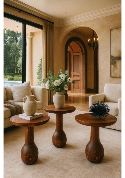 Doğal Meşe Ahşap Mantar Sehpa 3’lü Set – Zarif Zigon ve Yan Sehpa Takımı