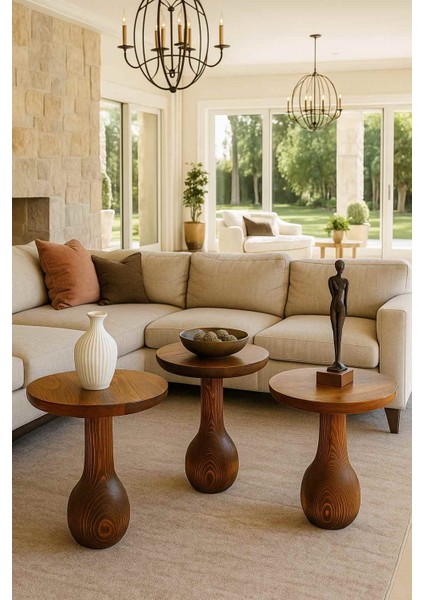 Doğal Meşe Ahşap Mantar Sehpa 3’lü Set – Zarif Zigon ve Yan Sehpa Takımı modelleri