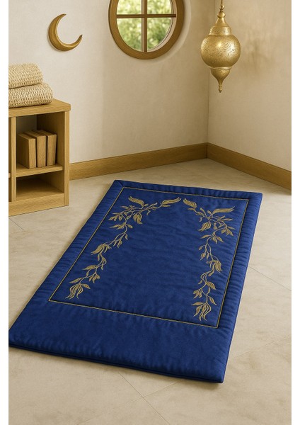 Sahra Mavi Kadife Nakışlı Seccade Süngerli Yumuşak Çeyizlik Hediyelik Bohça Lüks Namazlık