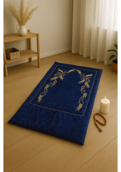 Sahra Mavi Kadife Nakışlı Seccade Süngerli Yumuşak Çeyizlik Hediyelik Bohça Lüks Namazlık indirimleri