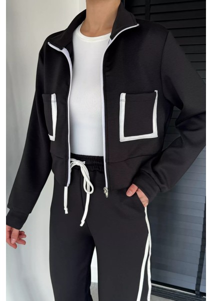 Kadın Ön Fermuarlı Çift Cepli Şerit Desenli Sweat Bel Lastikli Pantolon Ikili Takım P-00019064