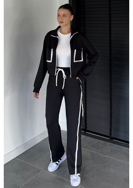 Kadın Ön Fermuarlı Çift Cepli Şerit Desenli Sweat Bel Lastikli Pantolon Ikili Takım P-00019064 fiyatları