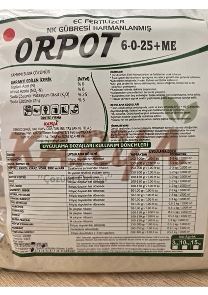 Orpot 6-0-25+Me 3 Kg – Meyve Şişirici & Kalite Artırıcı Gübre fiyatları
