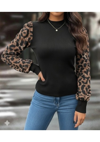 Kadın Uzun Kollu Yarı Balıkçı Yaka Leopar Detaylı Kaşkorse Bluz modelleri
