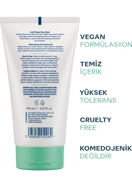 Karma Yağlı Akne Eğilimli Cilt için Sivilce Siyah Nokta Karşıtı Arındırıcı Yüz Temizleme Jeli 150ml