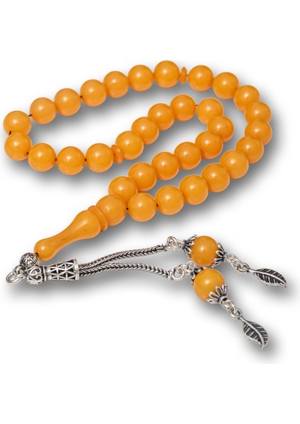 Gümüş Püsküllü Sarı Yuvarlak Sıkma Kehribar Tesbih