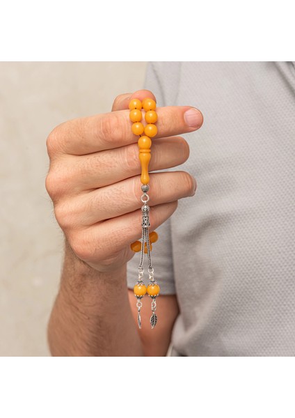 Gümüş Püsküllü Sarı Yuvarlak Sıkma Kehribar Tesbih fiyatları