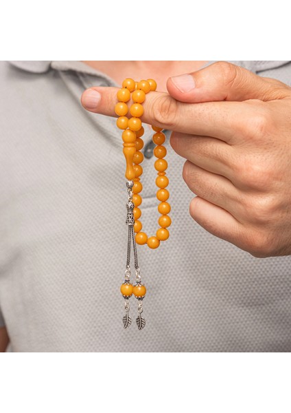 Gümüş Püsküllü Sarı Yuvarlak Sıkma Kehribar Tesbih modelleri