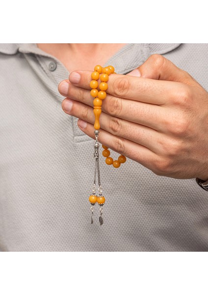 Gümüş Püsküllü Sarı Yuvarlak Sıkma Kehribar Tesbih fırsatları