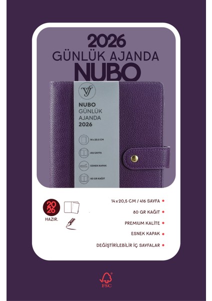 Nubo 2026 Günlük Ajanda A5 (14X20,5CM) Ivory 80 Gr. -416 Sayfa -Değişebilen iç - Mor