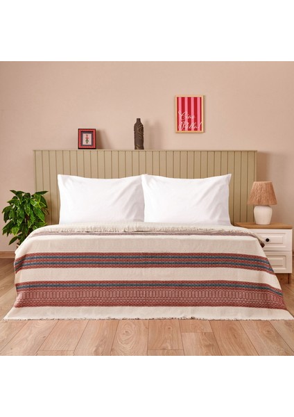 Soft Marun Çift Kişilik Yatak Örtüsü - Ekru / Kırmızı - 200X230 cm