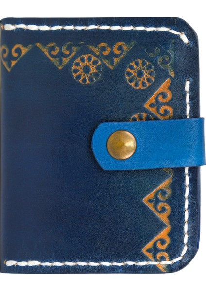 El Yapımı Hakiki Mavi Deri Cüzdan - Vegetable-Tanned Gerçek Deri - Kart Bölmeli Klasik Katlanabilir Model El Işçiliği Tasarım