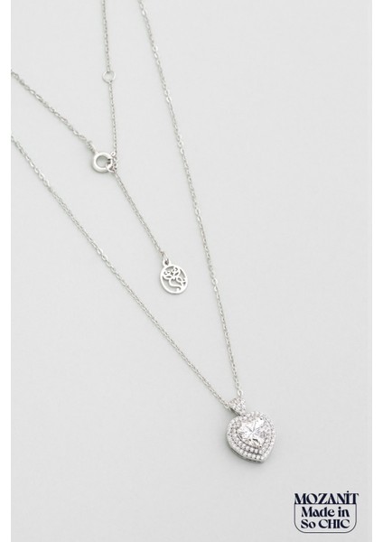 Kalp Mozanit 18 Ayar Beyaz Altın Kaplama 44 cm Gümüş Kolye