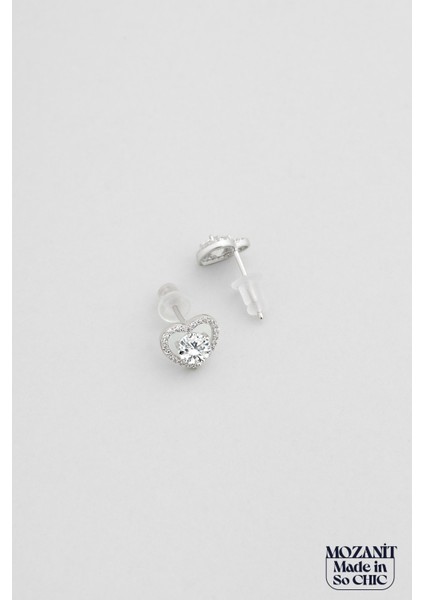Mozanit Kalbi 18 Ayar Beyaz Altın Kaplama Gümüş Küpe