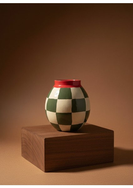 Damalı Seramik Oval Vazo- Yeşil