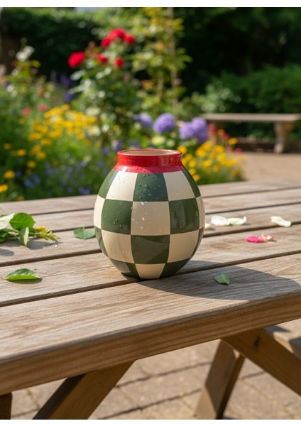 Damalı Seramik Oval Vazo- Yeşil fiyatları