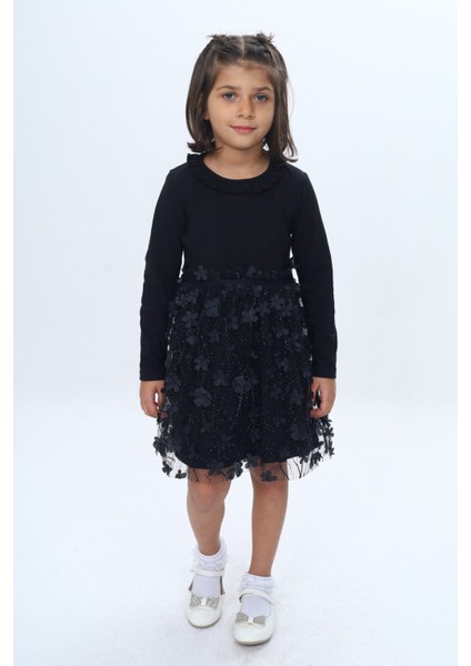 Kız Çocuk Yaka Fırfır Etek 34 Çiçekli Tüllü Elbise