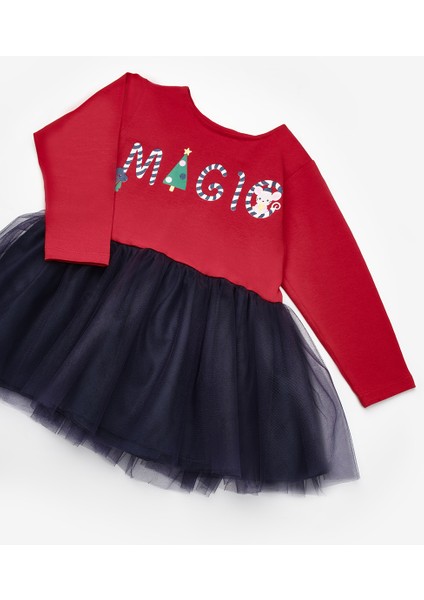 Lacivert Yılbaşı Temalı Magic Mottolu Kız Çocuk Elbise - Claire modelleri