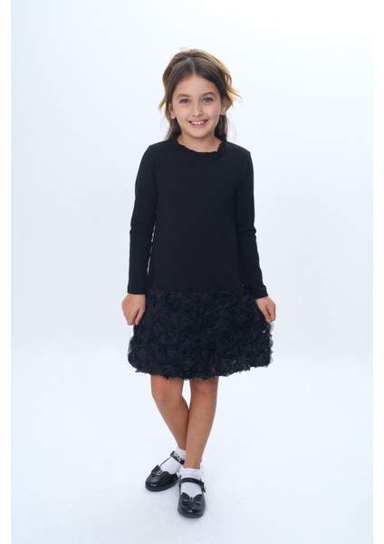 Kız Çocuk Yaka Fırfır Etek 3D Güllü Elbise