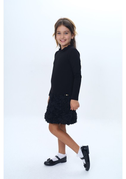 Kız Çocuk Yaka Fırfır Etek 3D Güllü Elbise modelleri