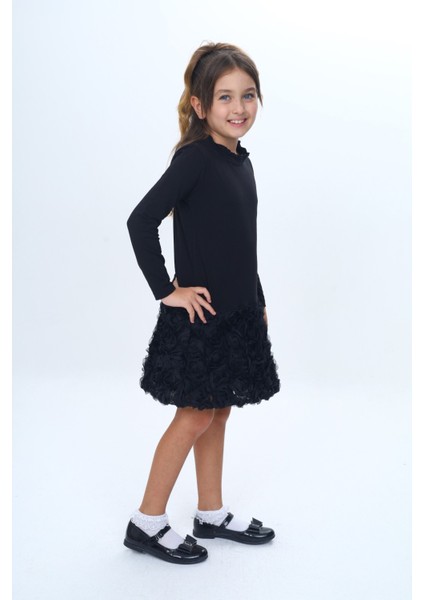 Kız Çocuk Yaka Fırfır Etek 3D Güllü Elbise fırsatları