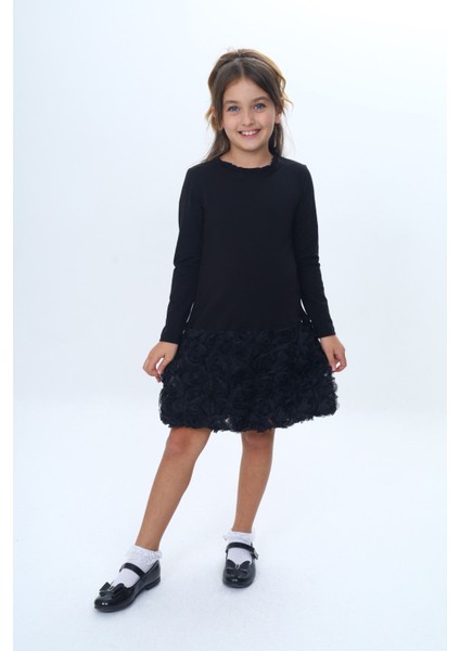 Kız Çocuk Yaka Fırfır Etek 3D Güllü Elbise indirimleri