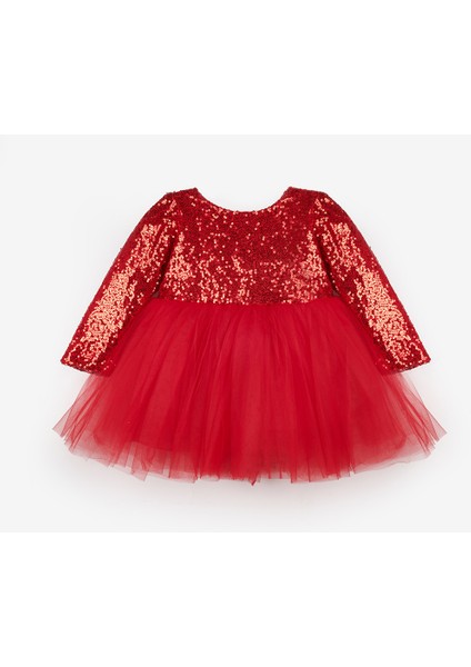 Kırmızı Pullu Uzun Kollu Kız Bebek Elbise - Berry