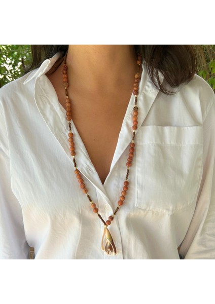 Akik Doğal Taş Deniz Kabuğu Uçlu Özel Tasarım Doğaltaş Uzun Kadın Kolye