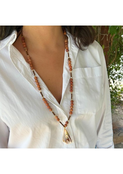 Akik Doğal Taş Deniz Kabuğu Uçlu Özel Tasarım Doğaltaş Uzun Kadın Kolye fiyatları