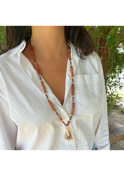 Akik Doğal Taş Deniz Kabuğu Uçlu Özel Tasarım Doğaltaş Uzun Kadın Kolye indirimleri