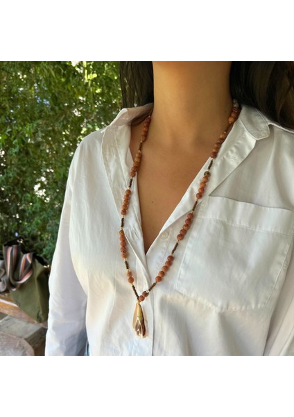 Akik Doğal Taş Deniz Kabuğu Uçlu Özel Tasarım Doğaltaş Uzun Kadın Kolye