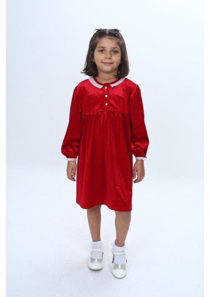Kız Çocuk Yaka Düğmeli Fırfırlı Elbise