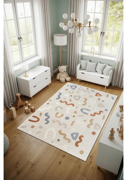 Cotto Kids CK004R Krem Halı Renkli Şekil Desenli Kaymaz Taban Yumuşak Yıkanabilir Çocuk Odası Halısı
