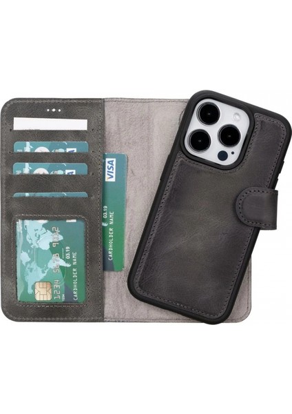 Apple iPhone 15 Pro Uyumlu Deri Cüzdanlı Kılıf Mwwn VS4EF Gri