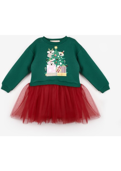 Yeşil Koala Baskılı Kız Çocuk Yılbaşı Elbise - Renata