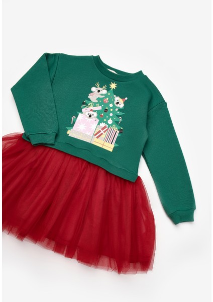 Yeşil Koala Baskılı Kız Çocuk Yılbaşı Elbise - Renata modelleri