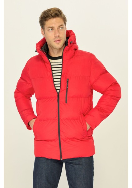 Erkek Kırmızı Elyaflı Kapüşonlu Rüzgar Geçirmez Şişme Kışlık Mont