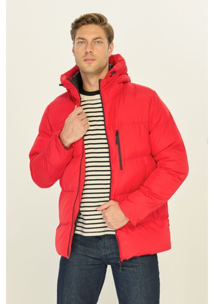 Erkek Kırmızı Elyaflı Kapüşonlu Rüzgar Geçirmez Şişme Kışlık Mont fiyatları