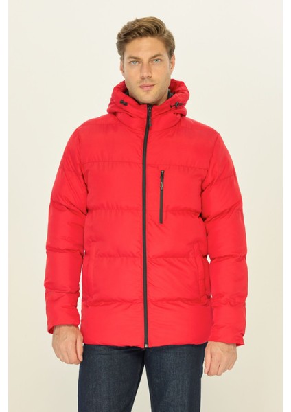 Erkek Kırmızı Elyaflı Kapüşonlu Rüzgar Geçirmez Şişme Kışlık Mont modelleri