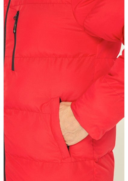 Erkek Kırmızı Elyaflı Kapüşonlu Rüzgar Geçirmez Şişme Kışlık Mont indirimleri