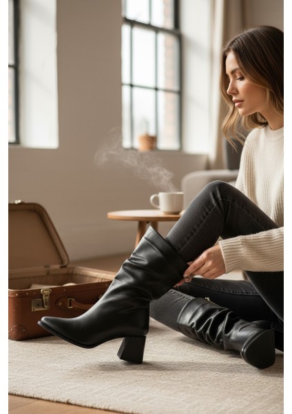 Siyah Arkadan Fermuarlı Sivri Burun Kalın Topuk Körüklü Kadın Çizme