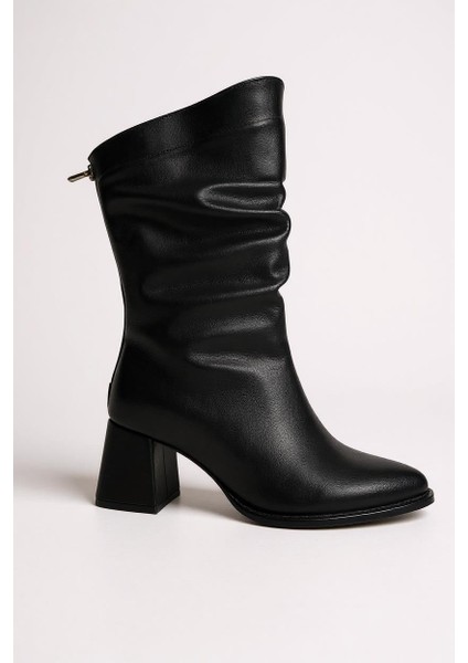 Siyah Arkadan Fermuarlı Sivri Burun Kalın Topuk Körüklü Kadın Çizme fırsatları