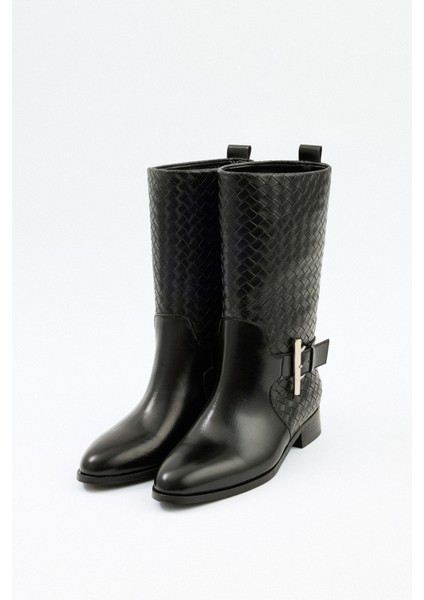 Çizme 2526 - Örgü Desenli Kısa Siyah Kadın Çizme fiyatları