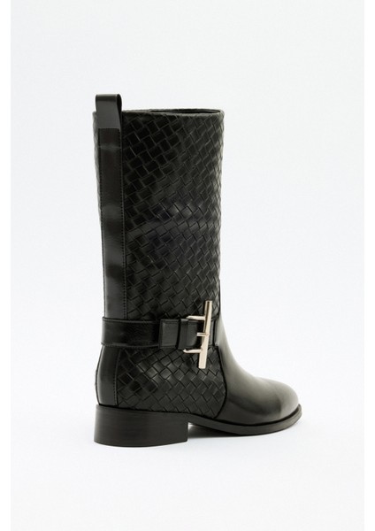 Çizme 2526 - Örgü Desenli Kısa Siyah Kadın Çizme fırsatları