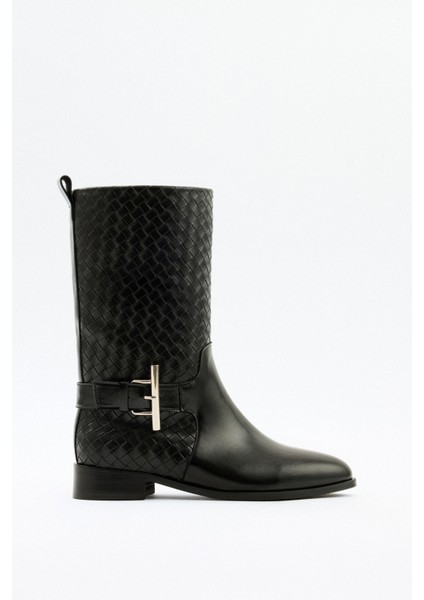 Çizme 2526 - Örgü Desenli Kısa Siyah Kadın Çizme indirimleri