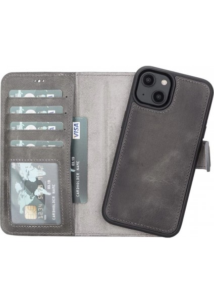 Apple iPhone 14 Uyumlu Deri Cüzdanlı Kılıf Mwwn VS4EF Gri