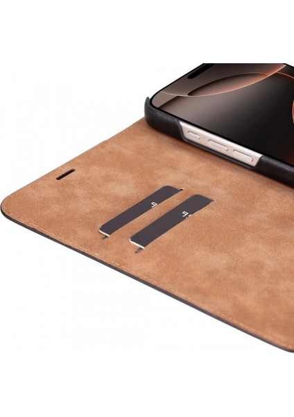 Apple iPhone 16 Pro Uyumlu, Hakiki Deri, El Yapımı, Cüzdanlı Kılıf, Parlak Siyah modelleri