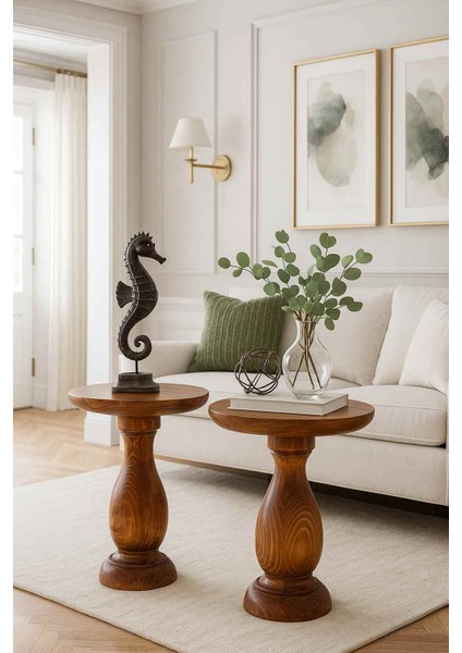 Meşe Renk Masif Ahşap Yan Sehpa Seti – 2’li Zigon ve Fiskos Takımı