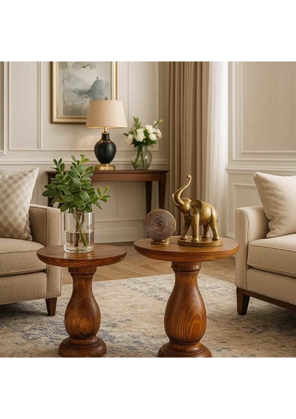 Meşe Renk Masif Ahşap Yan Sehpa Seti – 2’li Zigon ve Fiskos Takımı fiyatları