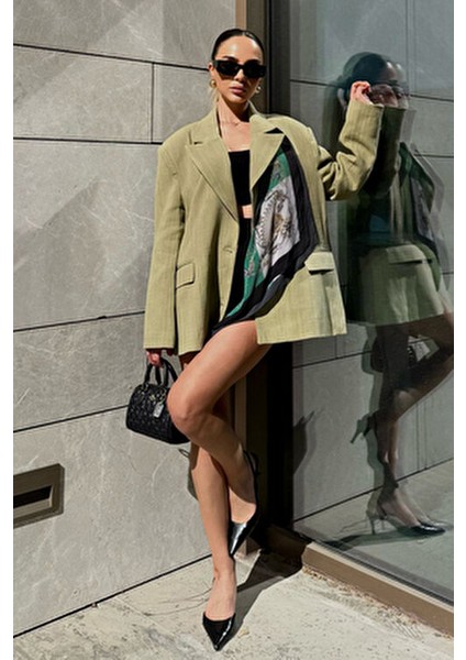 Çağla Yeşili Keten Blazer Kadın Ceket %100 Pamuklu Şık Tasarım indirimleri